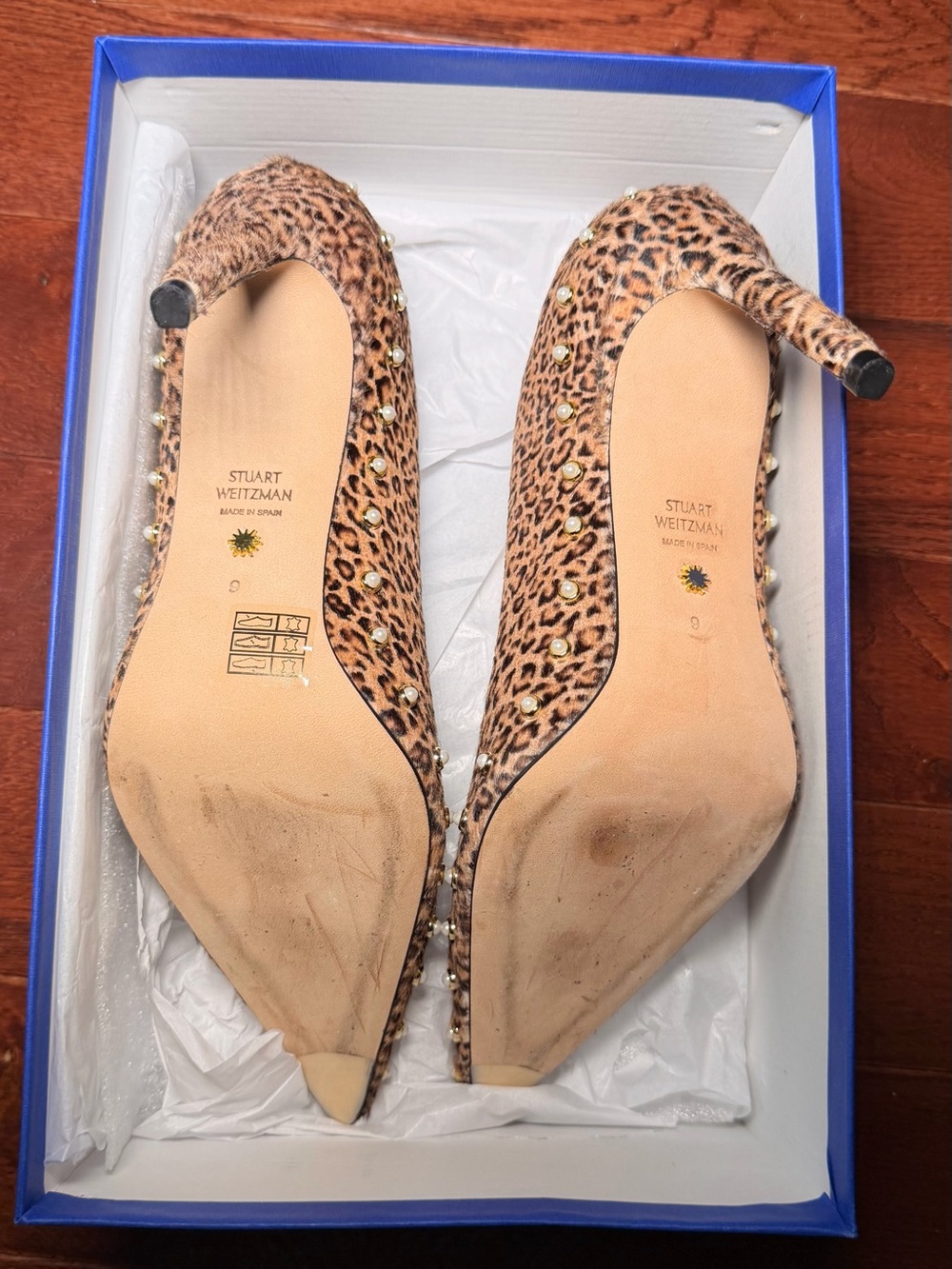 Stuart Weitzman Leopard-Print Pointed Toe Studded Pumps - Tan/Black - Picture 5 of 7